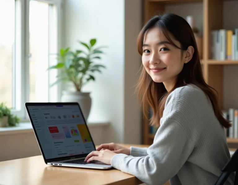 Jeune femme accédant à la plateforme D'clic Lab en ligne depuis son bureau à domicile sur un ordinateur portable