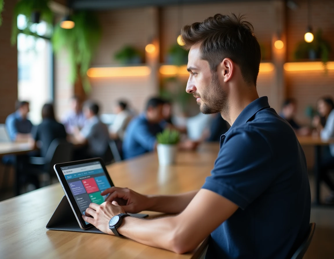 Homme utilisant une tablette pour accéder à D'clic Lab dans un espace de coworking moderne