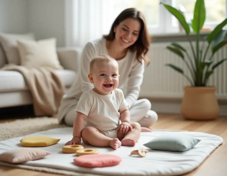 Bébé de 8 mois assis sur un tapis de jeu entouré d'objets d'éveil variés avec sa maman à proximité