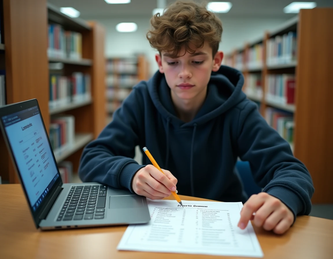 Adolescent annotatant un tableau de conjugaison espagnol imprimé dans une bibliothèque scolaire avec un ordinateur portable ouvert