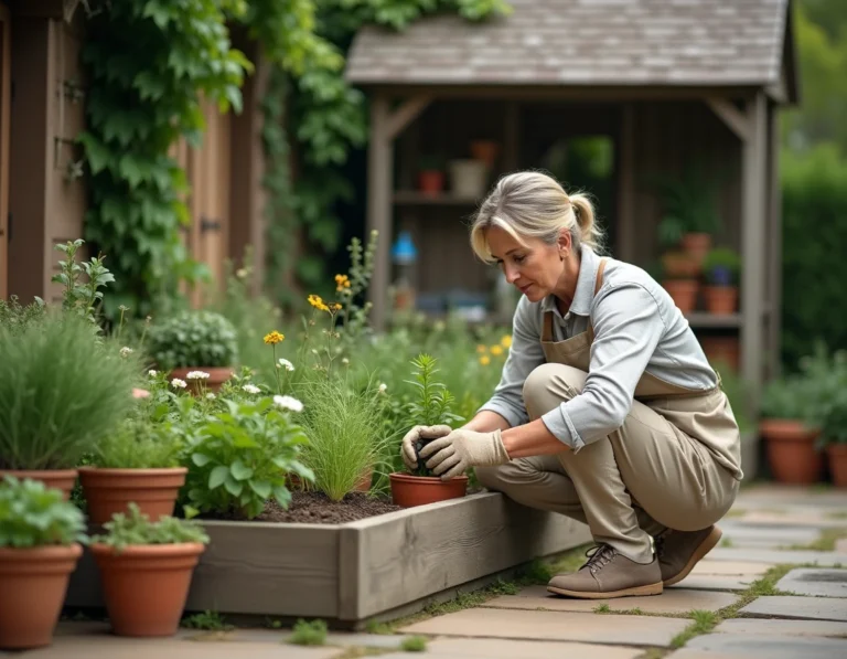 Femme aménageant un jardin extérieur avec des bacs en bois et des pots en terre cuite sur une terrasse pavée