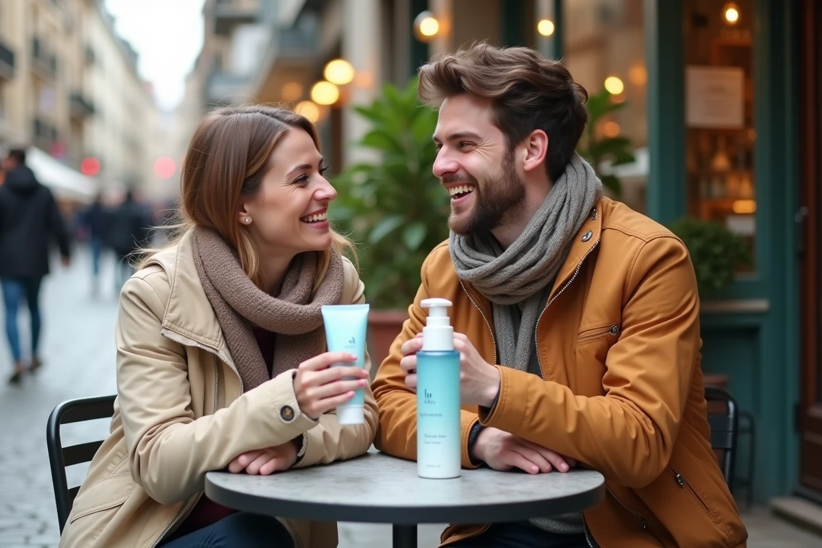 Deux amis discutant avec produits de soin sur une terrasse de cafe