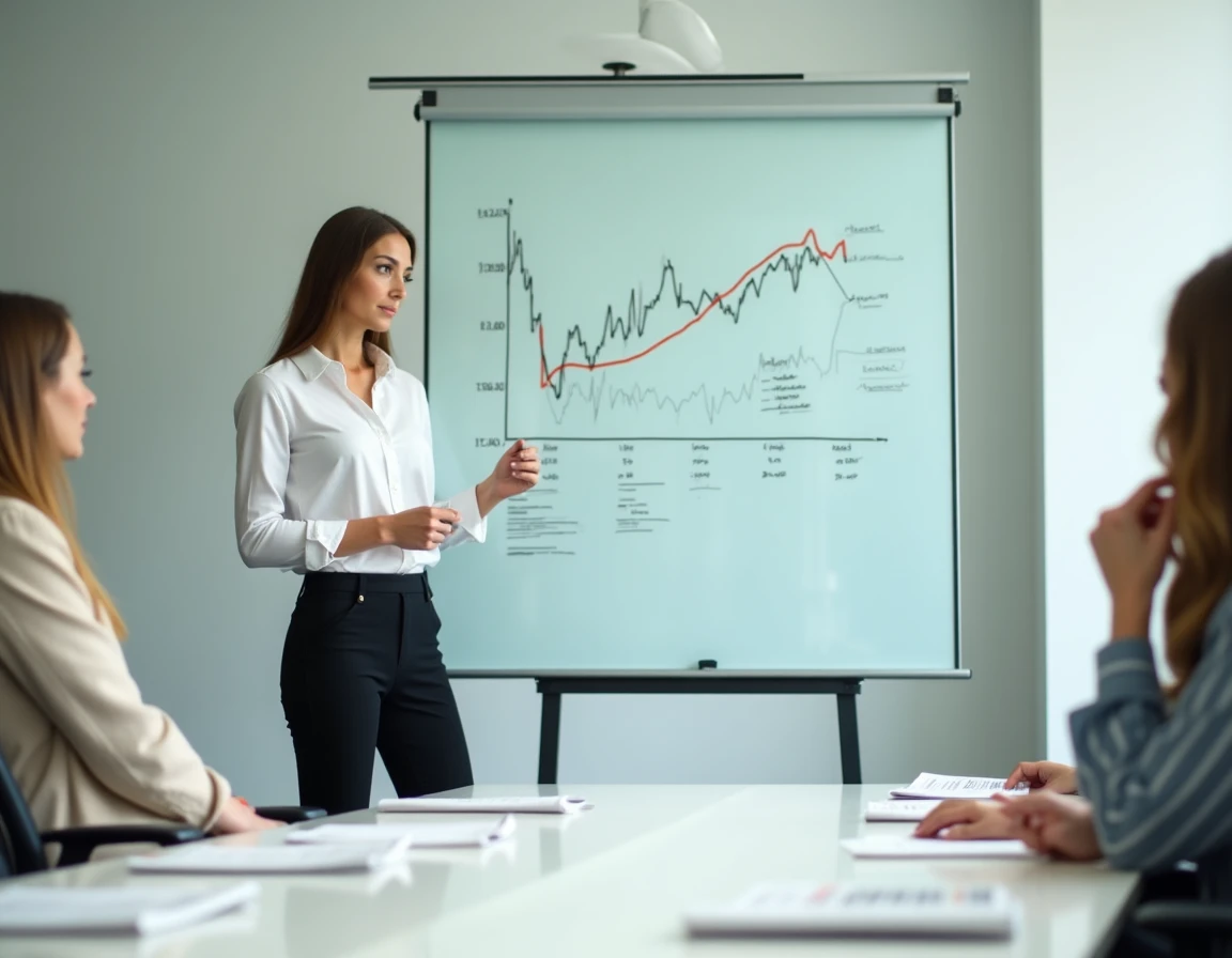 Analyste financière présentant des tendances économiques lors d'une réunion professionnelle en salle de conférence