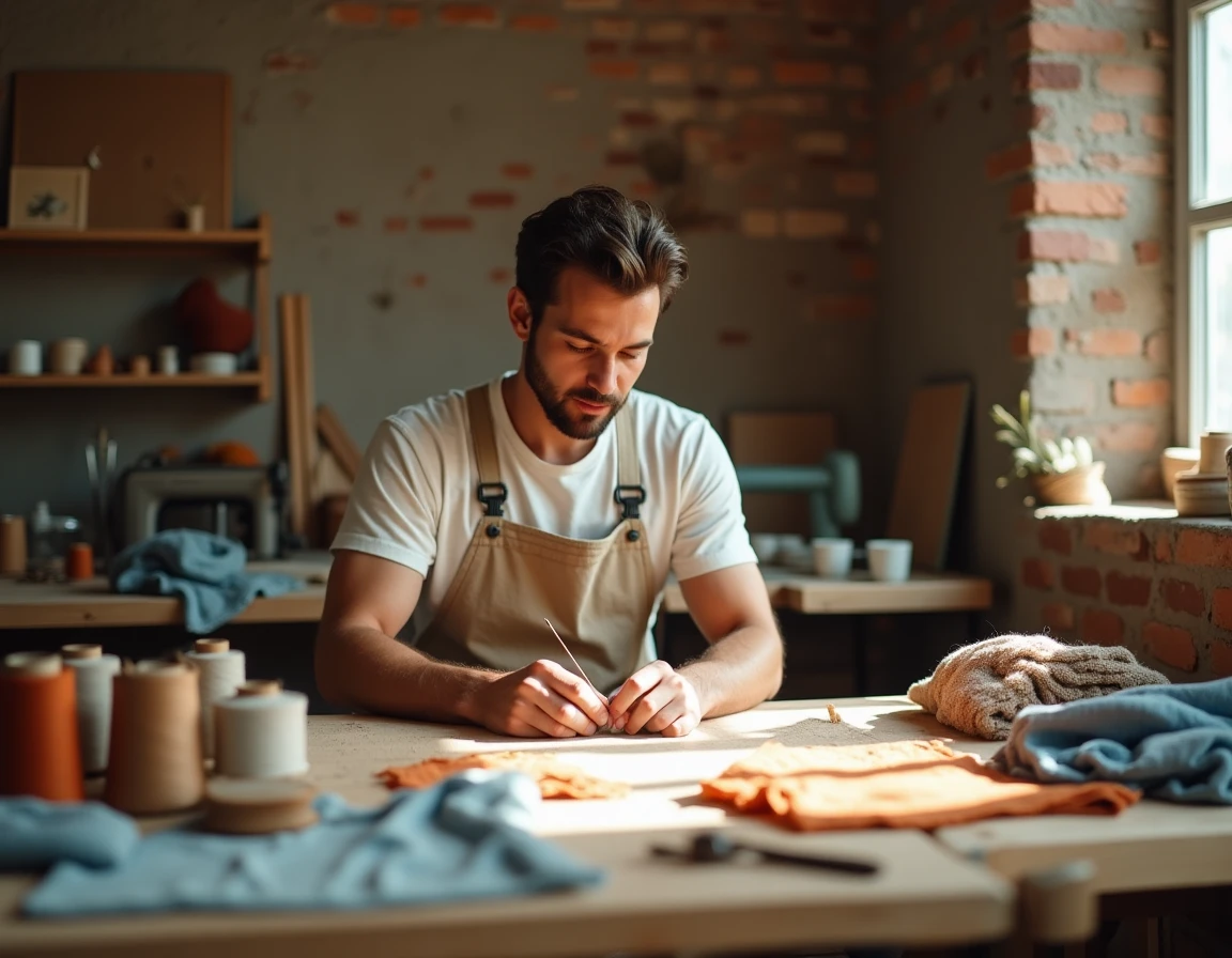 Artisan couturier travaillant sur des tissus biologiques dans un atelier de mode durable