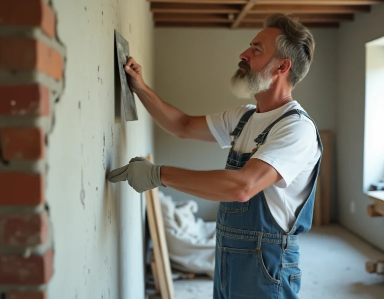 Artisan en cours d'application d'enduit sur un mur lors de travaux de rénovation intérieure