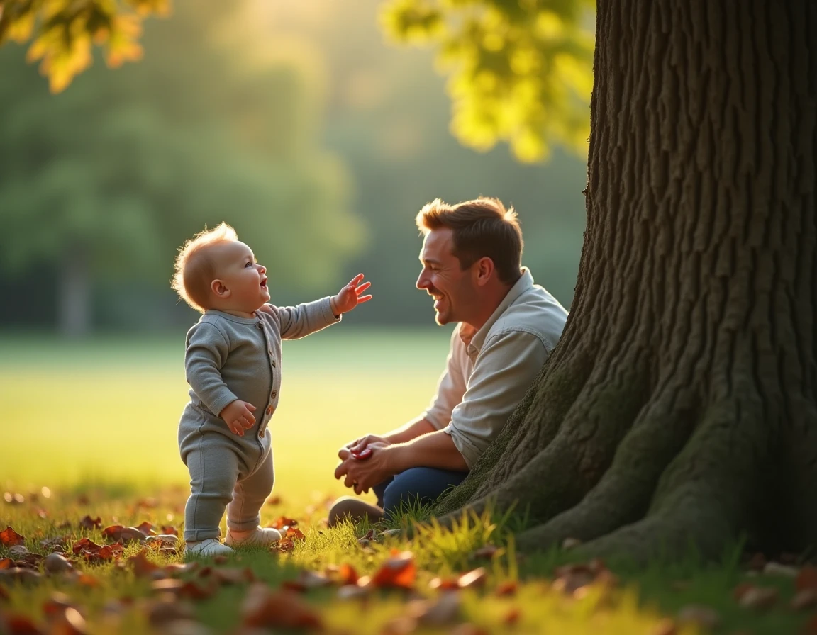 Papa tenant son bébé de 8 mois en extérieur lors d'une balade sensorielle, le bébé touchant l'écorce d'un arbre
