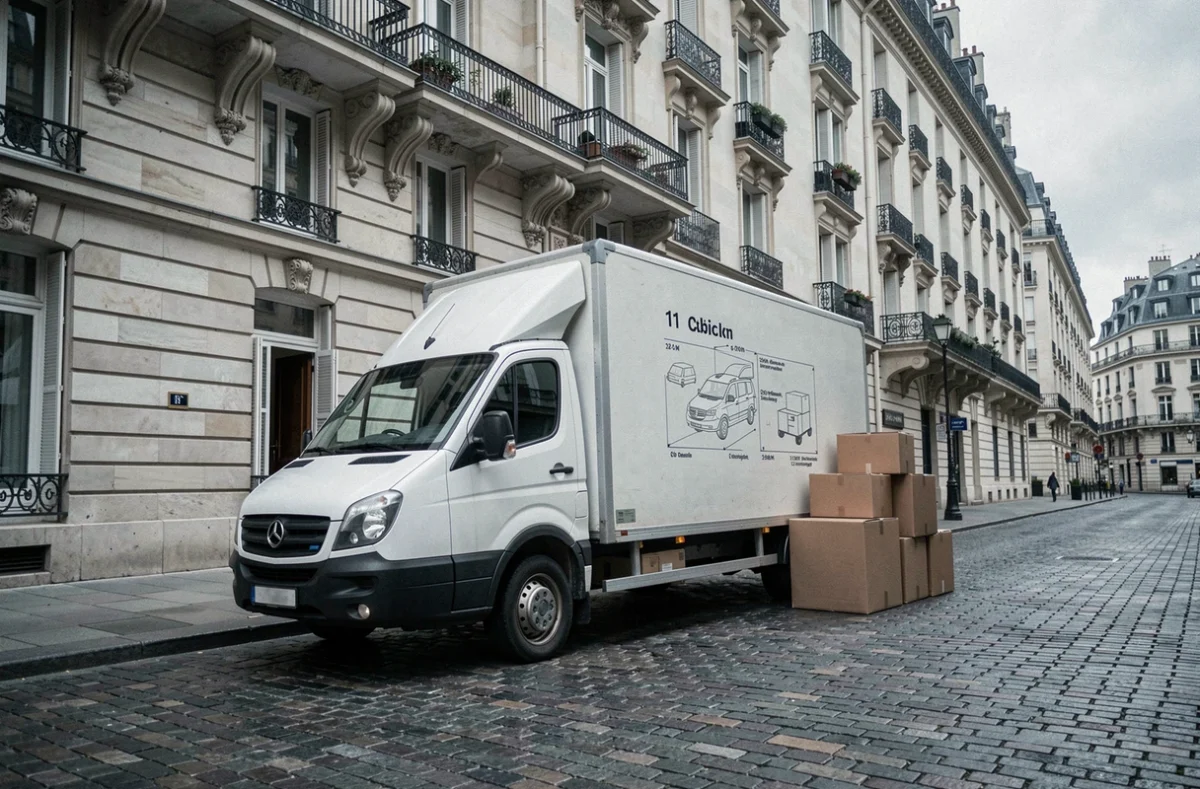 Camion de déménagement 11m3 garé devant un immeuble parisien avec cartons sur le trottoir