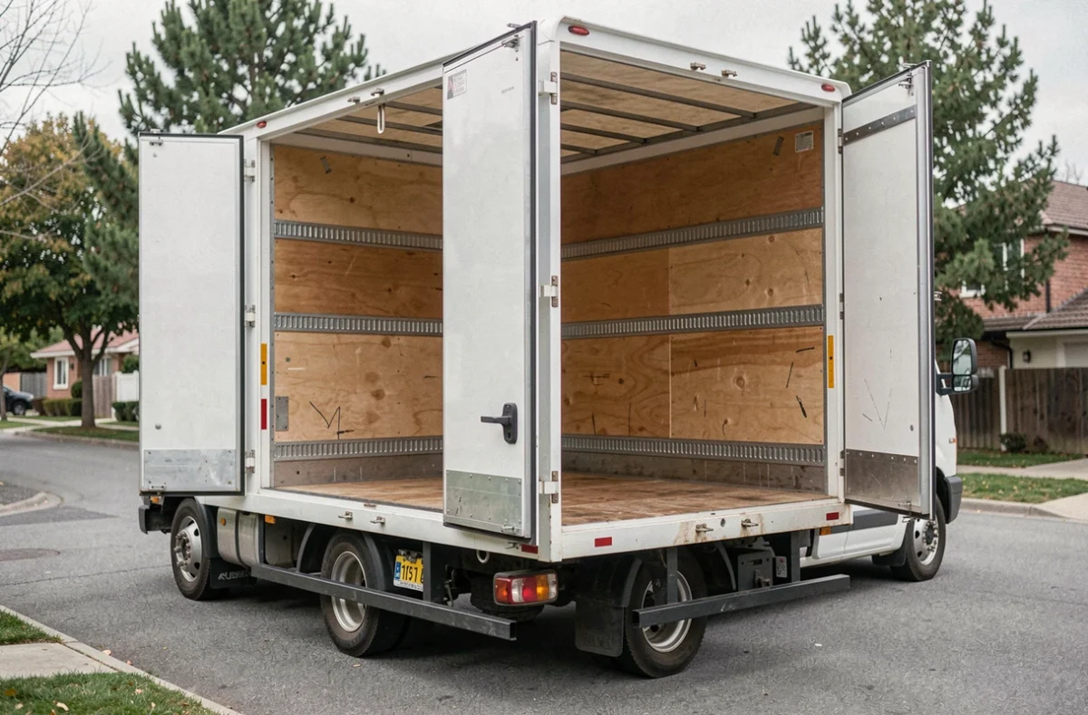 Camion 11m3 blanc avec portes arrière ouvertes révélant l'espace de chargement intérieur