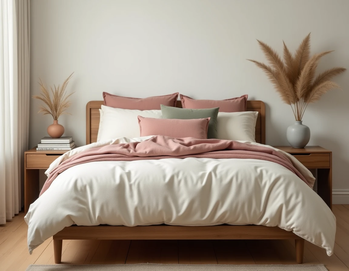 Chambre cocooning avec literie en lin superposée, tons doux et table de nuit en bois pour une atmosphère tendance et apaisante