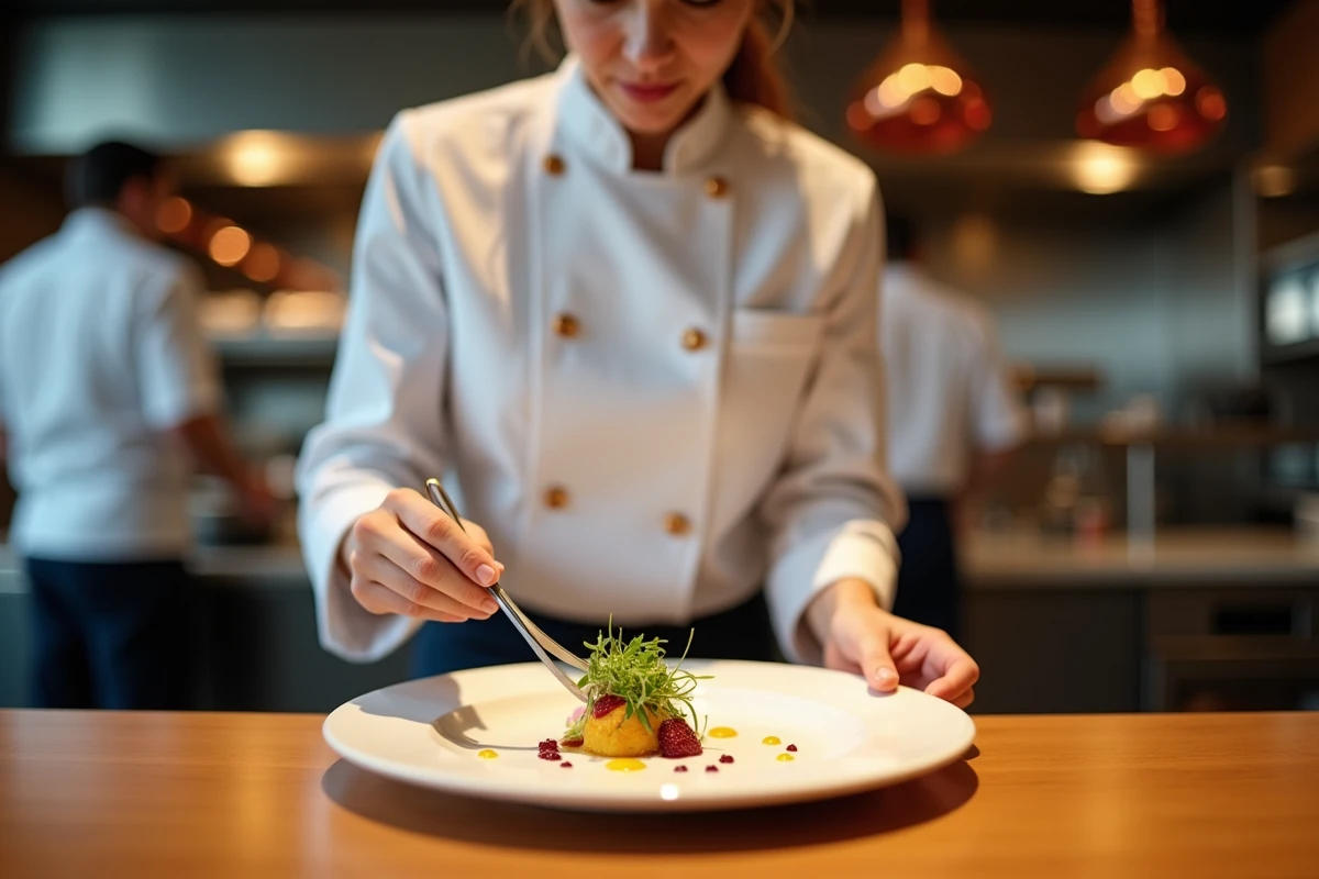 Chef cuisinière en veste blanche dressant une assiette gastronomique avec précision dans une cuisine ouverte raffinée