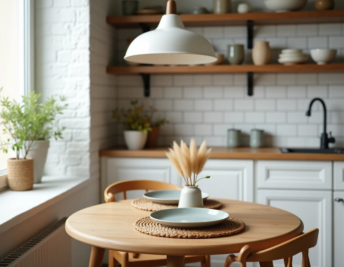 Coin repas tendance avec table en chêne, vaisselle vintage et herbes de pampa séchées dans une cuisine décorée avec goût