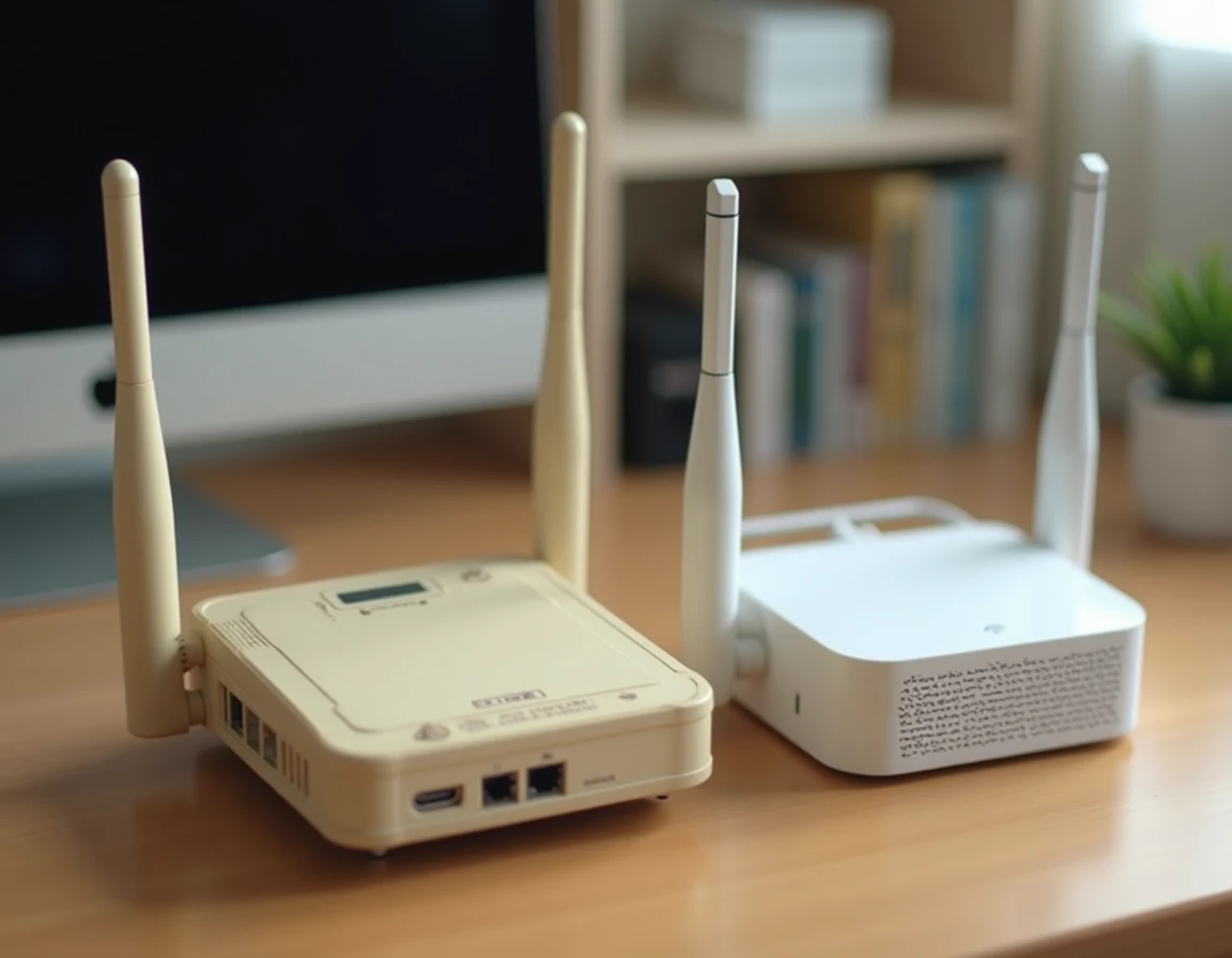 Comparaison côte à côte d'un ancien routeur Wi-Fi legacy et d'un routeur Wi-Fi moderne sur un bureau, illustrant l'évolution des standards de connexion sans fil
