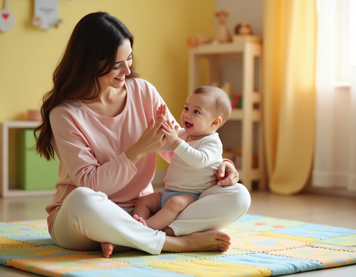 Maman et bébé de 8 mois sur un tapis de jeu faisant des gestes ensemble pendant une comptine
