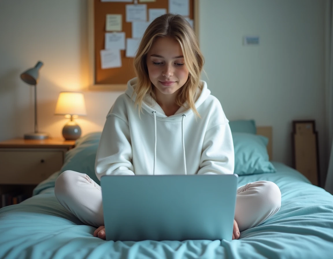 Adolescente connectée à une plateforme éducative en ligne comme D'clic Lab depuis sa chambre avec un ordinateur portable