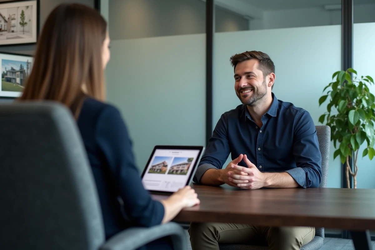 Homme consultant une agente immobilière dans une agence moderne pour trouver rapidement un bien immobilier adapté