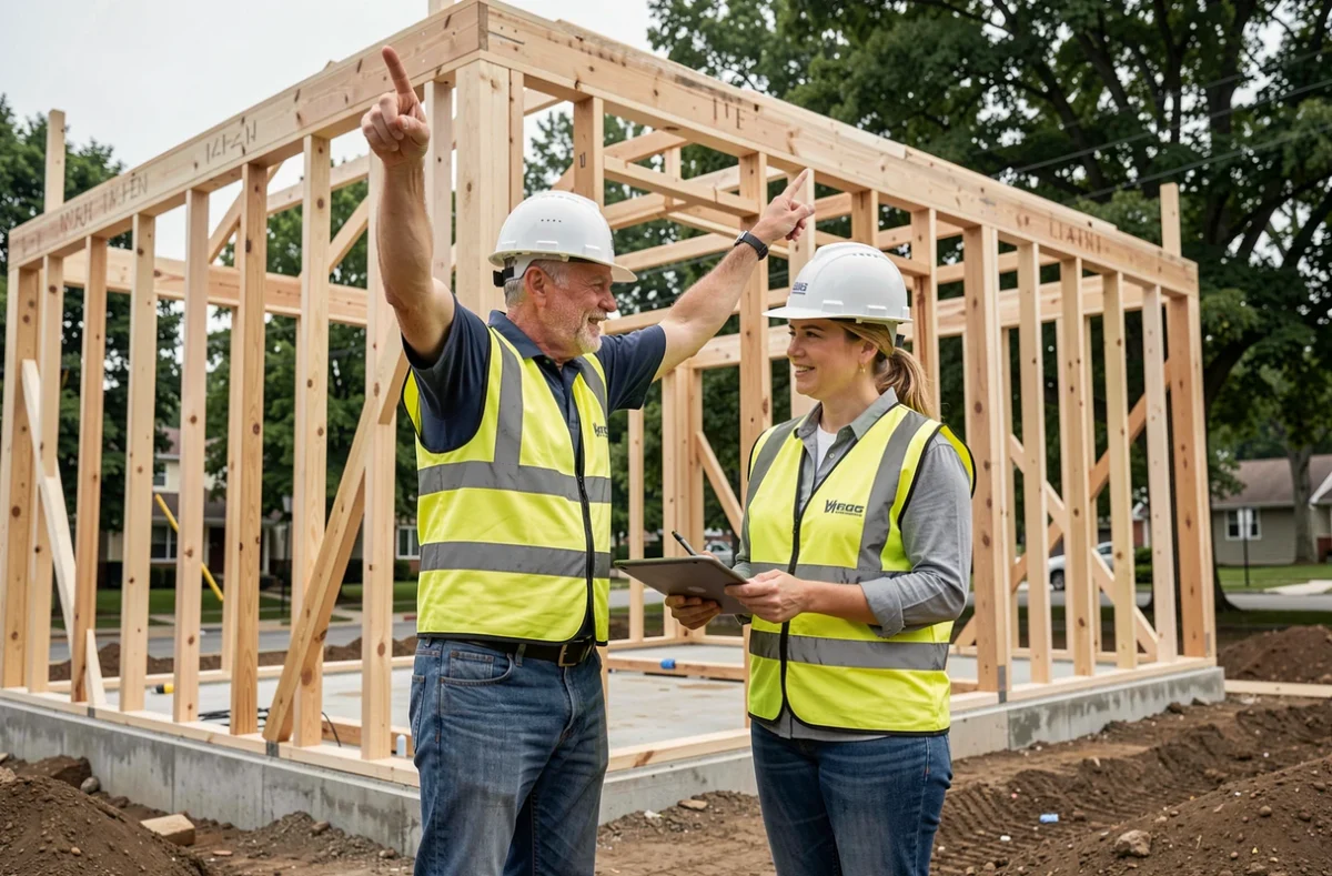 Deux ouvriers en chantier examinant la charpente en bois d'une maison en construction neuve avec tablette numérique et casques de sécurité