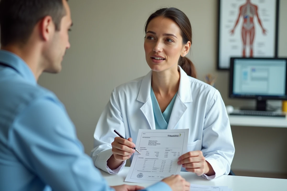 Médecin expliquant les résultats d'analyses thyroïdiennes à une patiente pour ajuster le dosage du Levothyrox