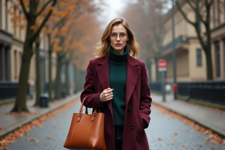 Femme portant un manteau bordeaux et pull col roulé vert forêt, look tendance automne hiver 2025 dans une rue pavée