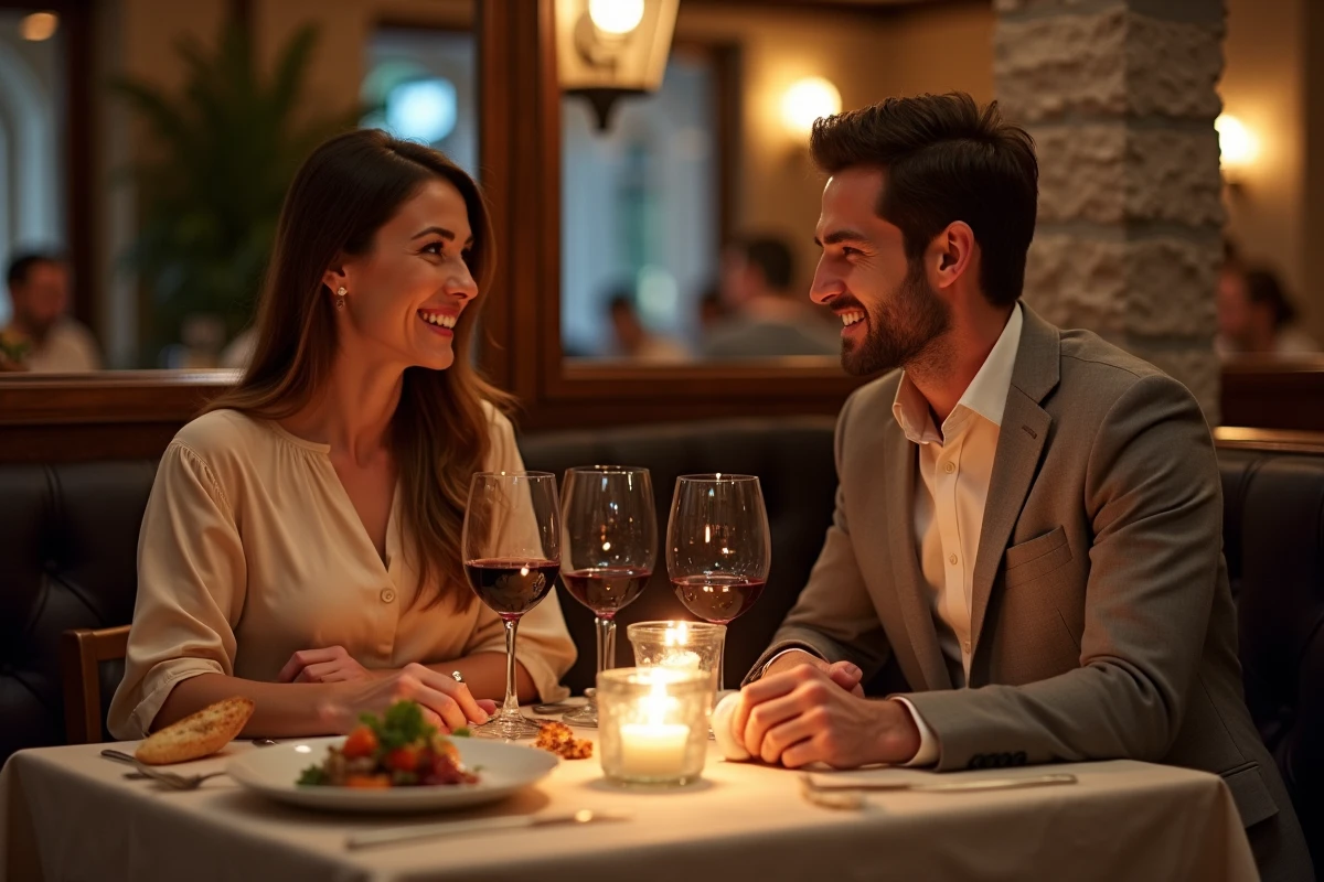 Couple partageant un dîner raffiné dans un restaurant convivial à l'ambiance chaleureuse et intime