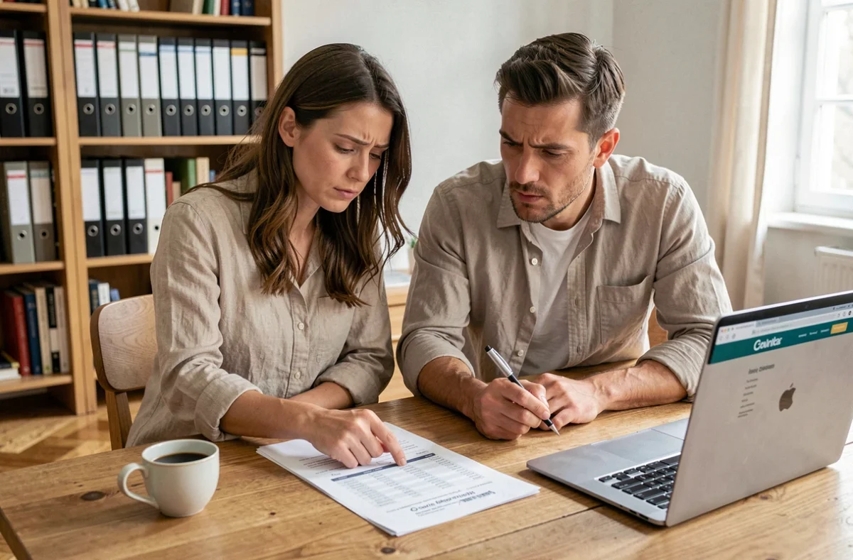 Couple examinant des documents de crédit immobilier à une table en bois dans un appartement moderne
