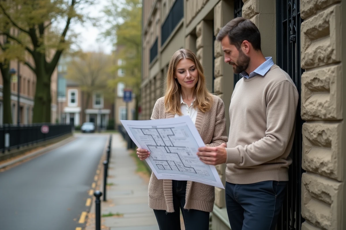 Couple examinant un plan de bien immobilier devant une façade en pierre lors d'une visite de recherche de logement