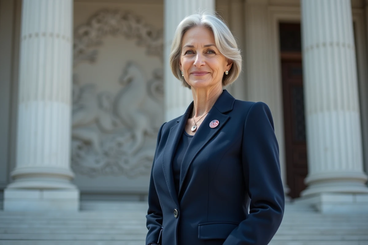 Femme diplomate devant un bâtiment gouvernemental symbolisant le respect international et la sécurité nationale