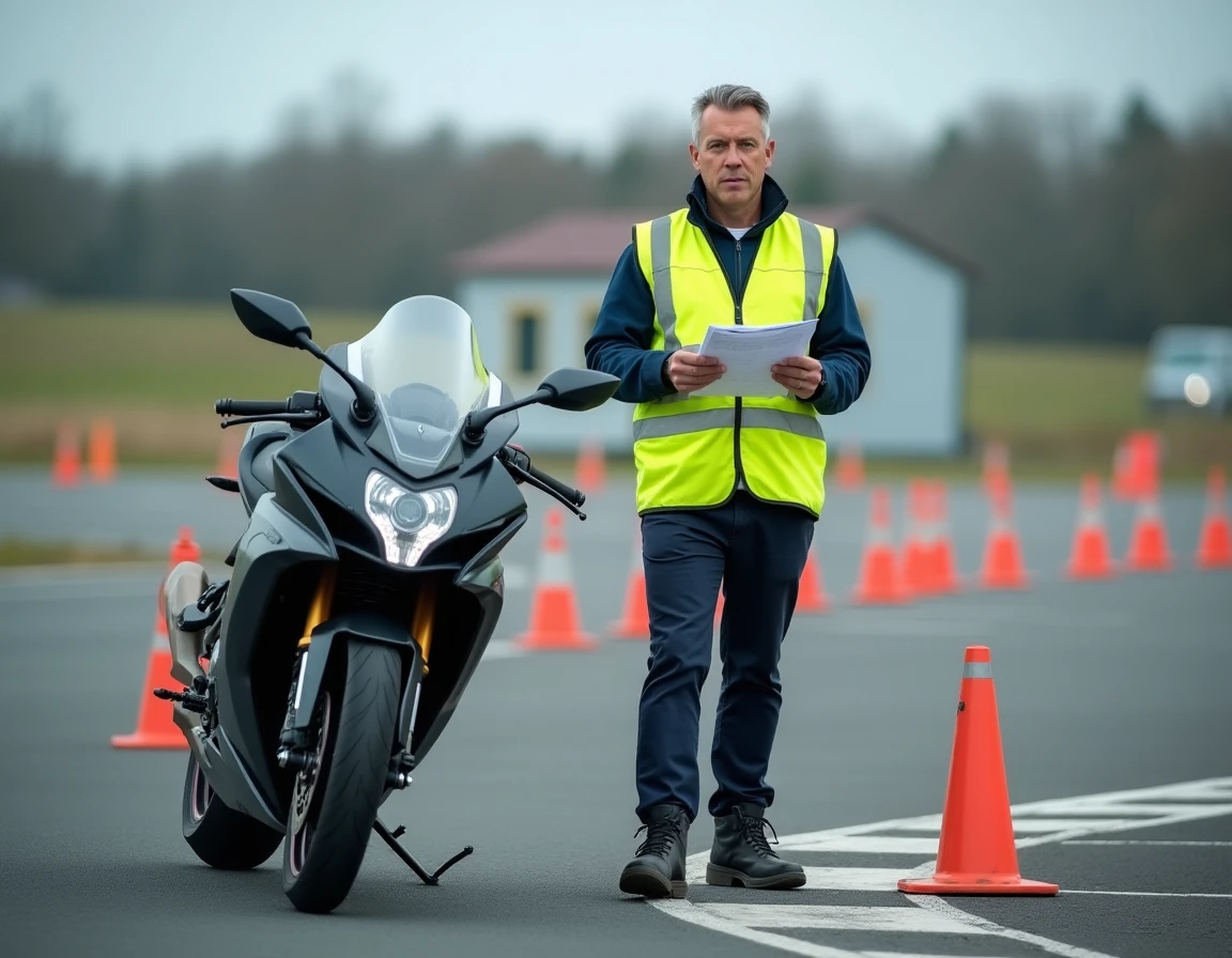 Examinateur du permis B2 sur un circuit d'examen officiel avec des cônes de signalisation
