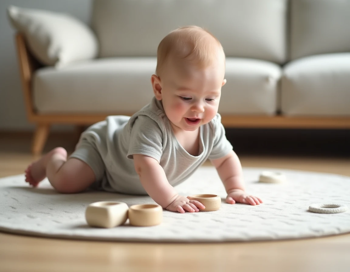 Bébé de 8 mois en vêtements souples explorant librement son tapis de jeu au sol entouré de jouets en bois