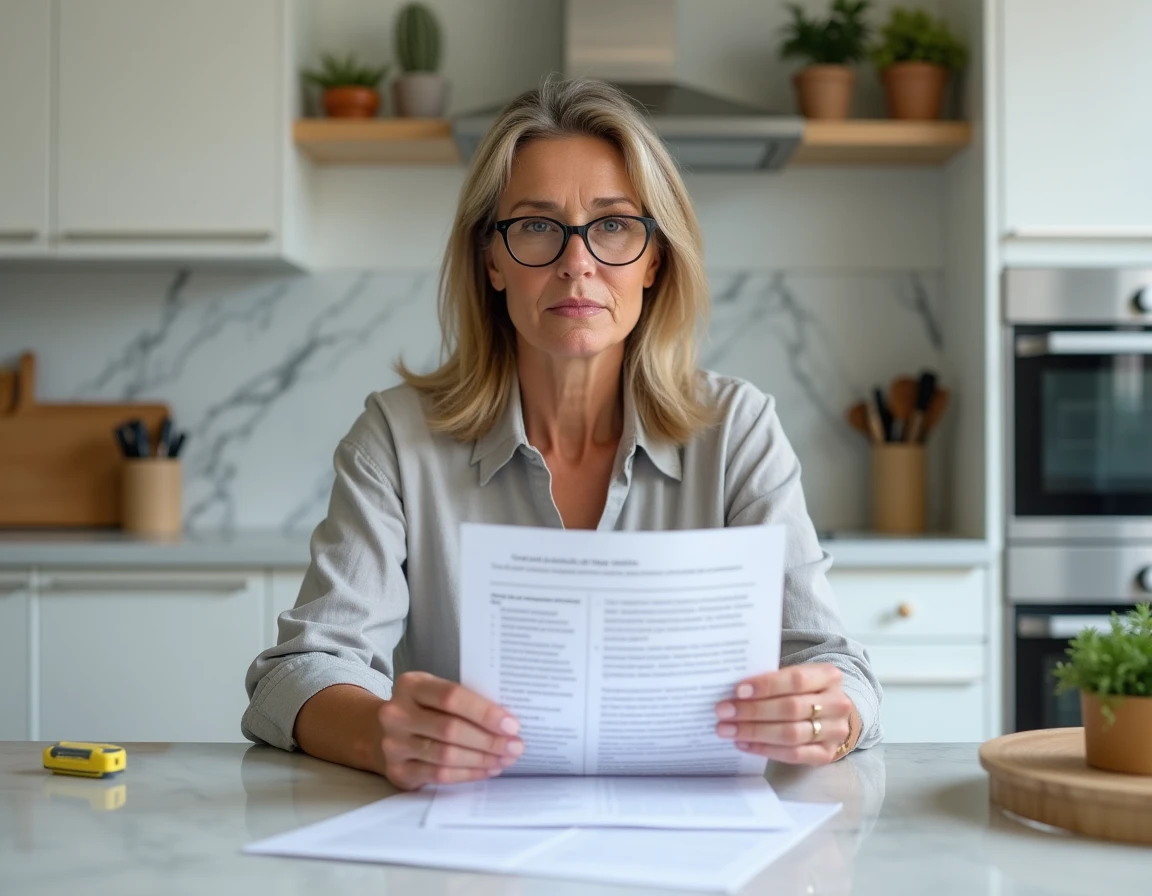 Femme adulte révisant un tableau de conjugaison espagnol en PDF imprimé à la table de cuisine avec un surligneur