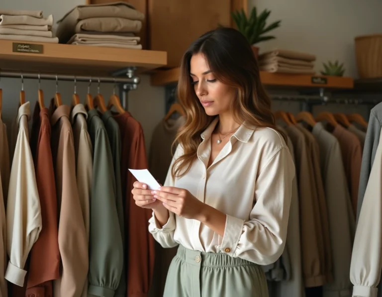 Femme inspectant l'étiquette d'un vêtement éthique dans une boutique de mode responsable