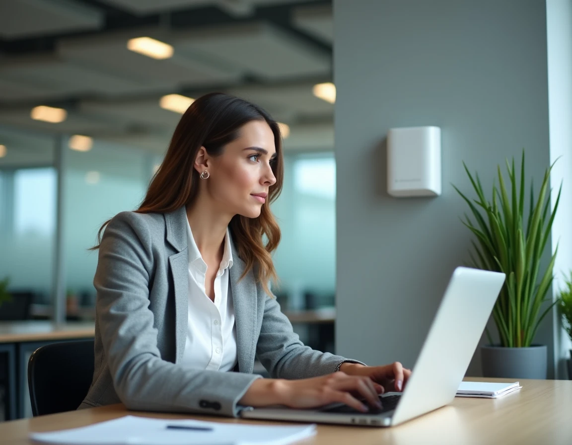 Femme en bureau moderne consultant un diagnostic réseau avec un ancien point d'accès Wi-Fi legacy monté au mur en arrière-plan