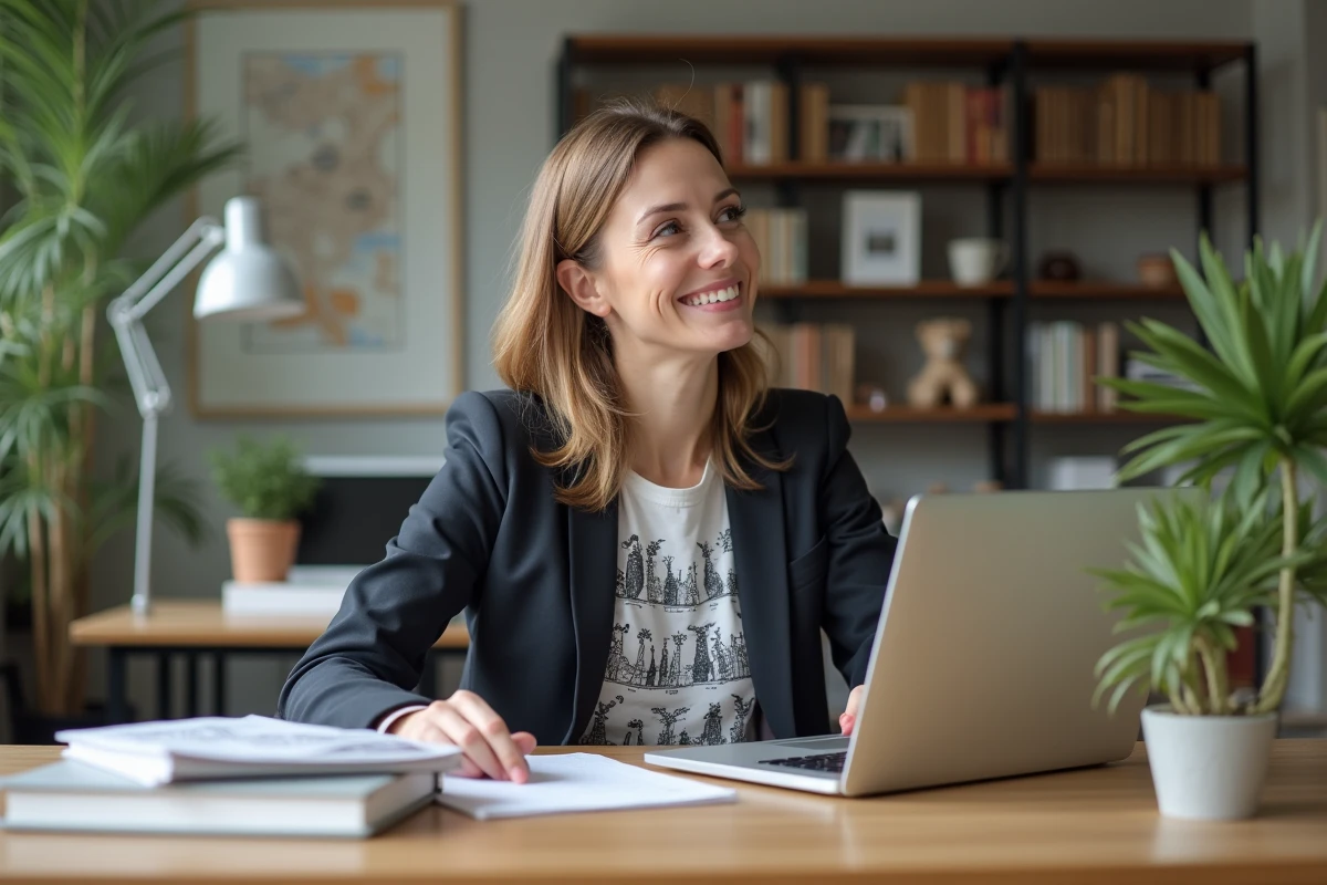 Femme en bureau moderne avec livres et posters scientifiques
