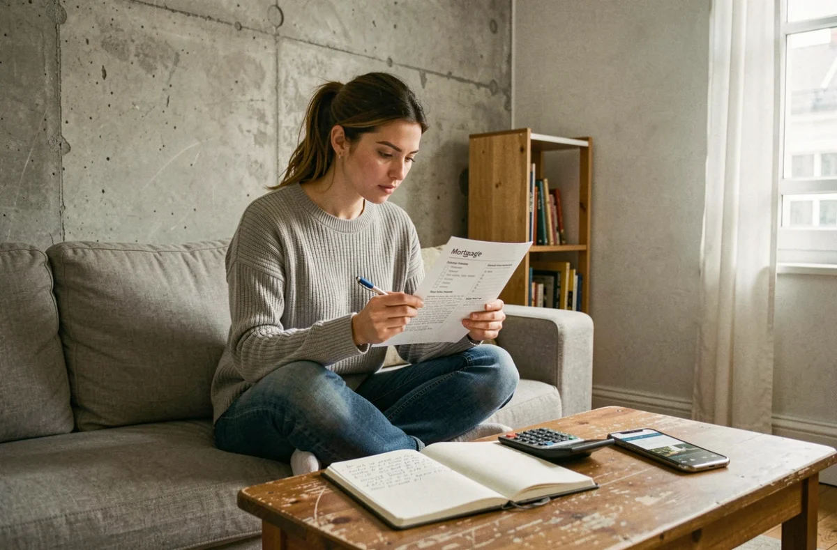 Jeune femme analysant les critères d'éligibilité à un crédit immobilier dans son appartement