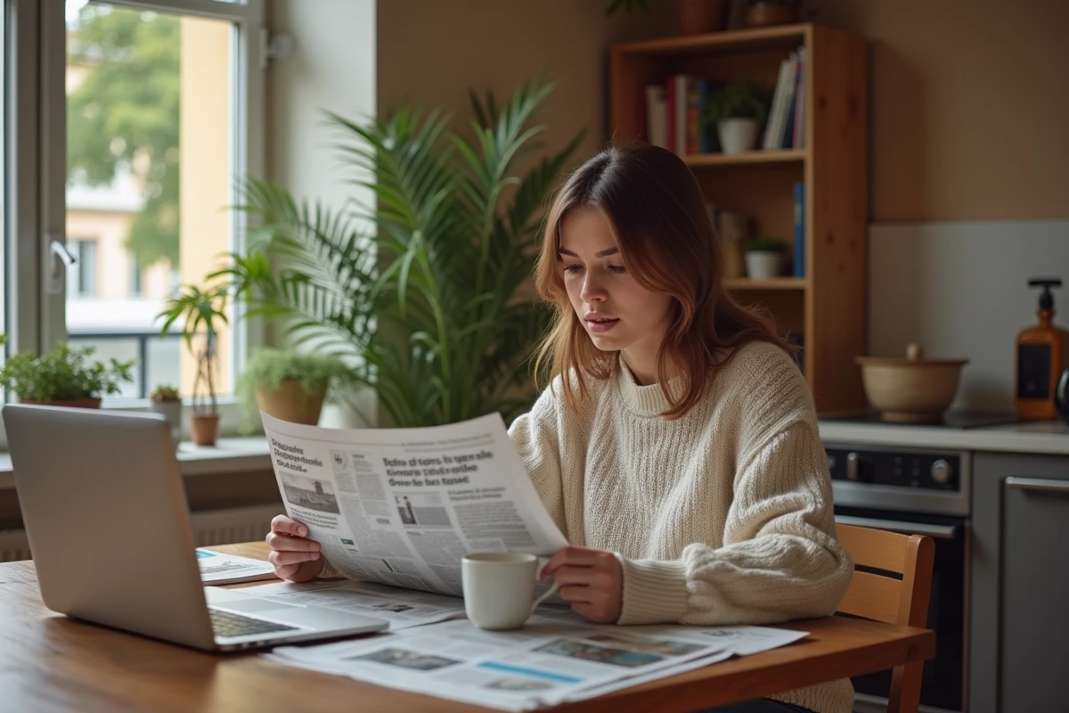 Jeune femme lisant les actualités à la maison