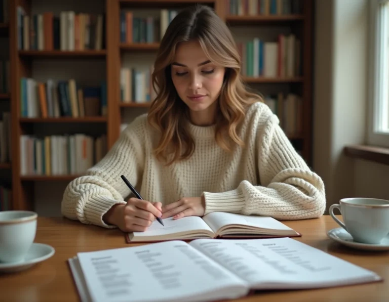 Jeune femme étudiant un tableau de conjugaison espagnol dans un bureau à domicile avec des fiches de verbes étalées sur la table