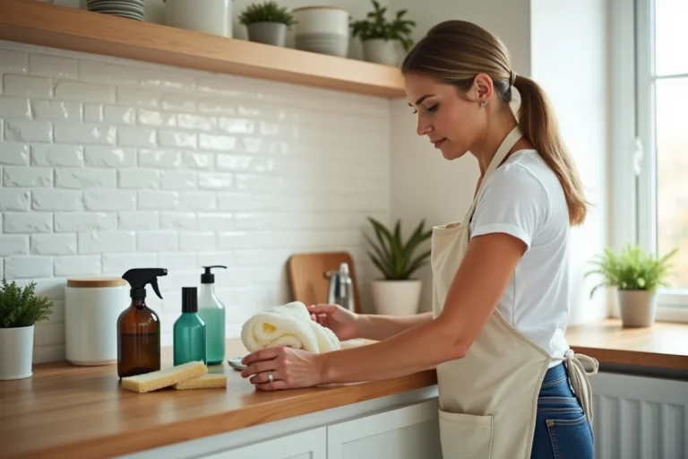 Femme examinant des fournitures d'entretien ménager sur un comptoir de cuisine en bois