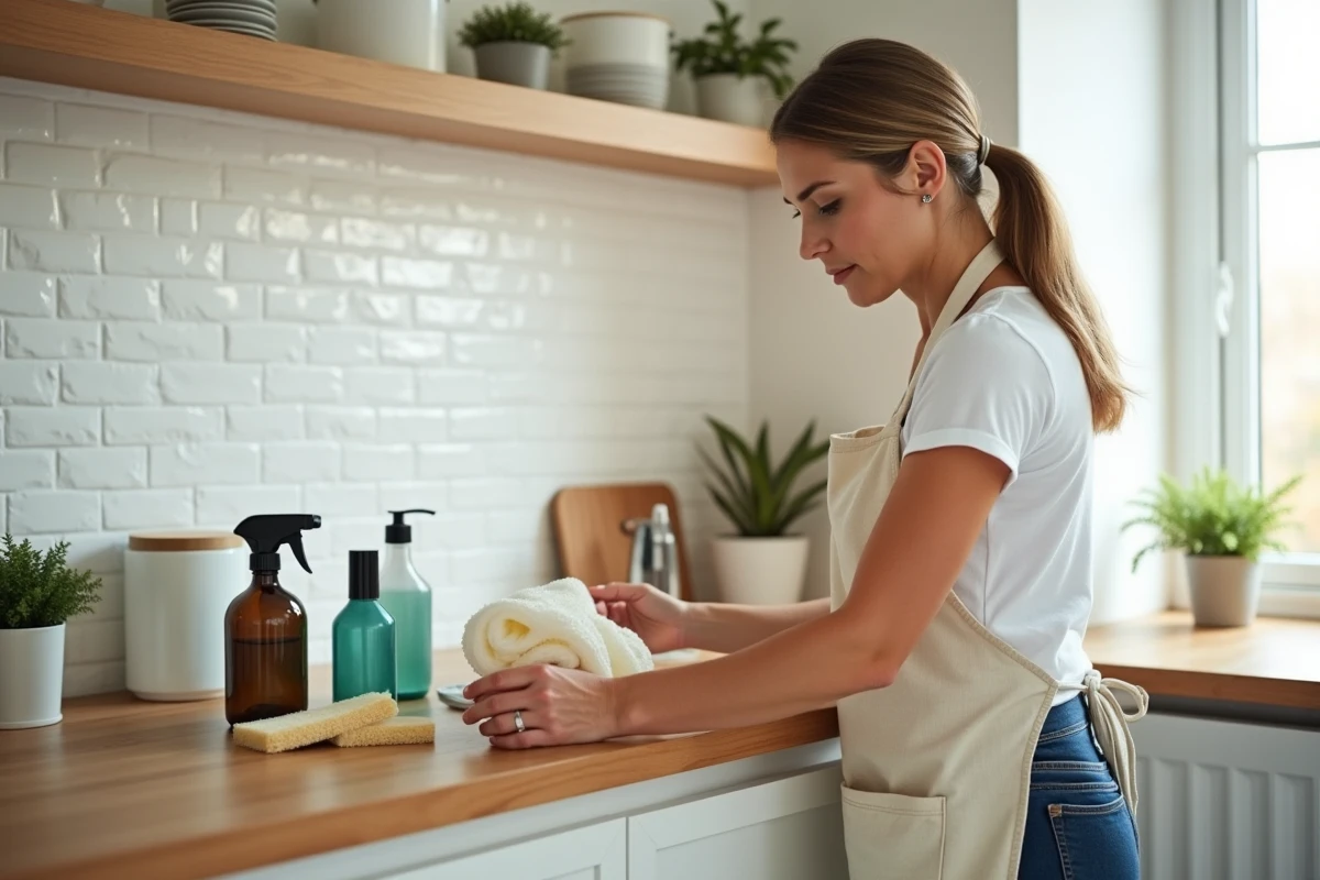 Femme examinant des fournitures d'entretien ménager sur un comptoir de cuisine en bois