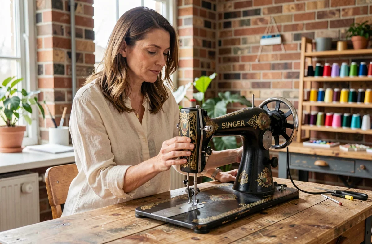 Femme admirant une machine à coudre Singer décorative dans un atelier de couture au style scandinave avec briques apparentes et plantes vertes