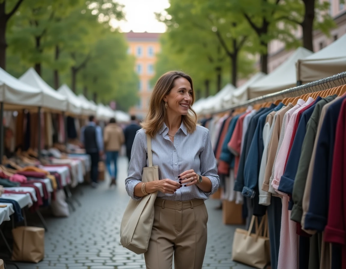 Femme faisant du shopping dans un marché de vêtements d'occasion pour une mode responsable