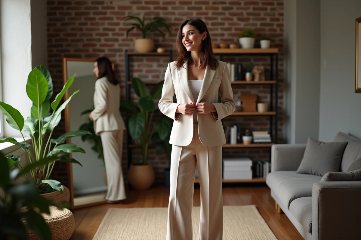 Femme élégante ajustant un blazer tendance dans un appartement cosy