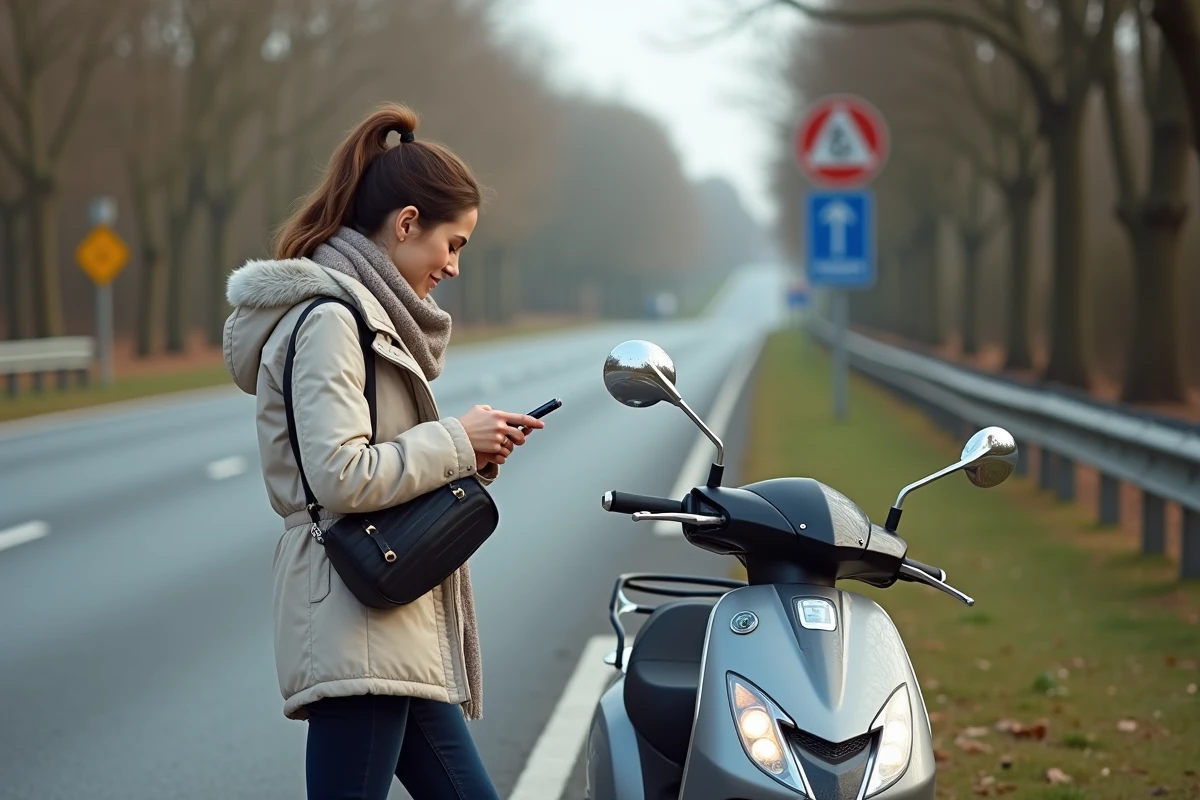 Jeune femme vérifiant son smartphone à côté de son scooter