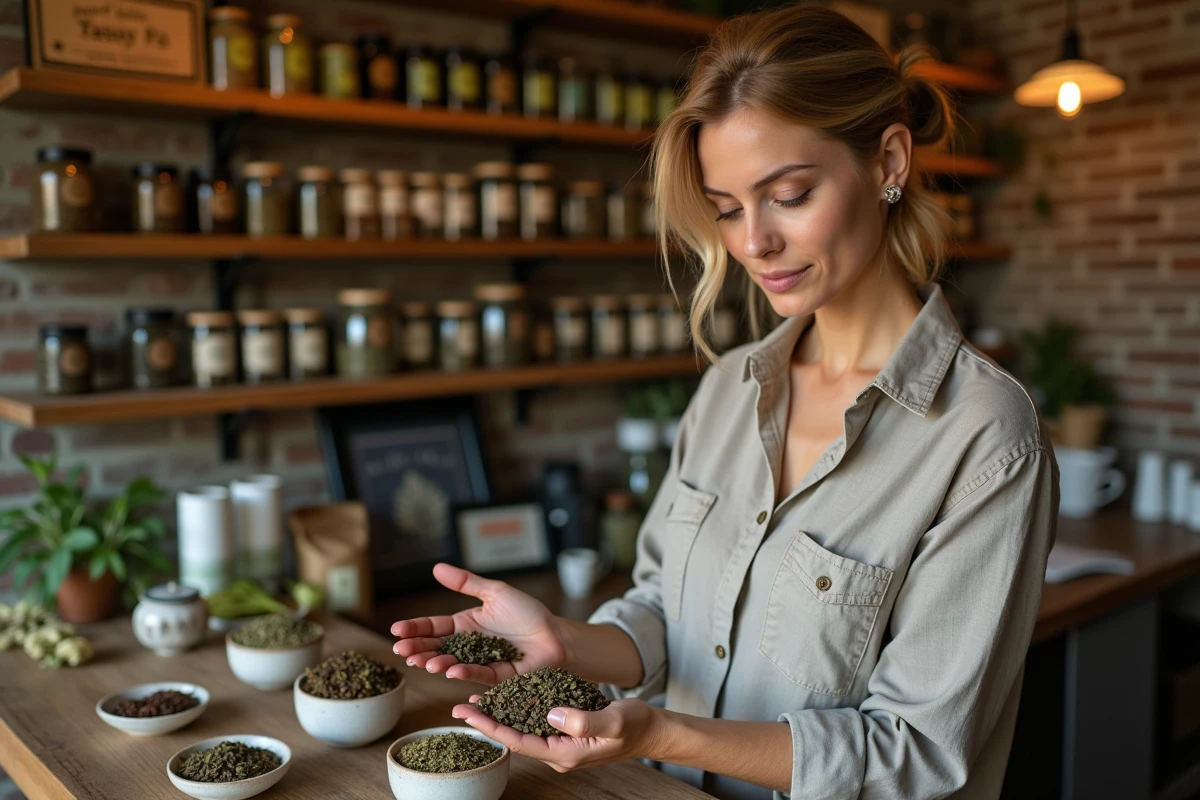 Femme examinant des feuilles de thé bio dans une boutique artisanale aux murs en briques et bocaux en verre