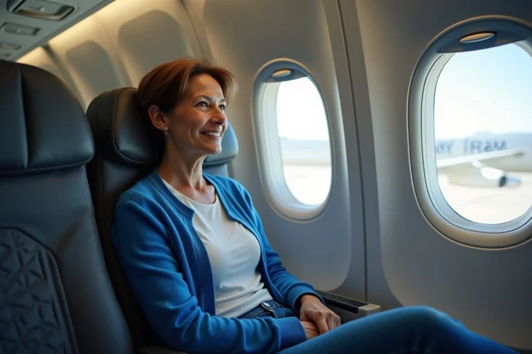 Femme détendue regardant par la fenêtre d'avion