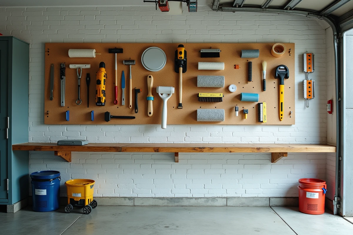 Mur de garage organisé avec des fournitures et outils d'entretien ménager rangés sur un panneau perforé