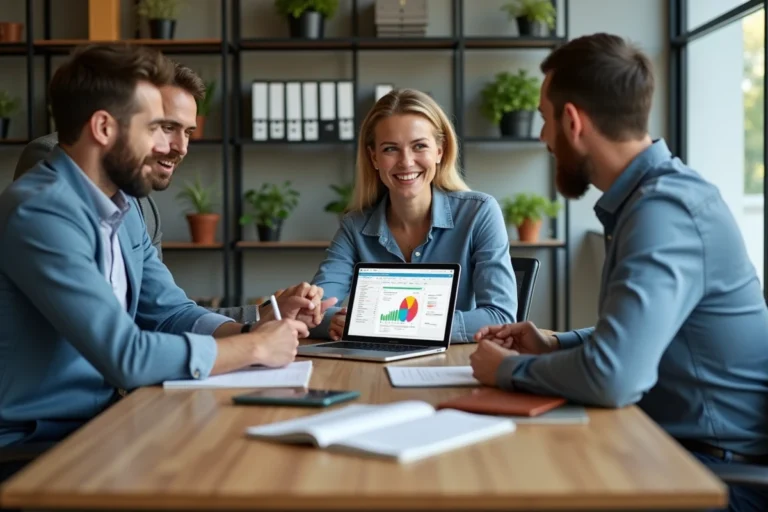 Trois professionnels en réunion autour d'un ordinateur avec tableau de bord ERP