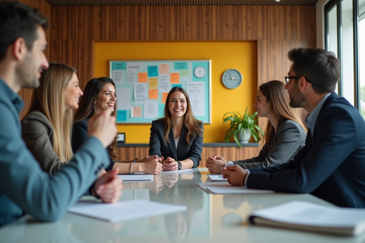 Groupe de professionnels en réunion collaborative dans un bureau moderne