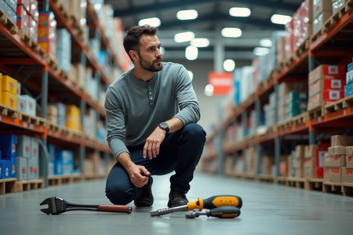 Homme comparant des outils d'entretien dans le rayon d'une quincaillerie