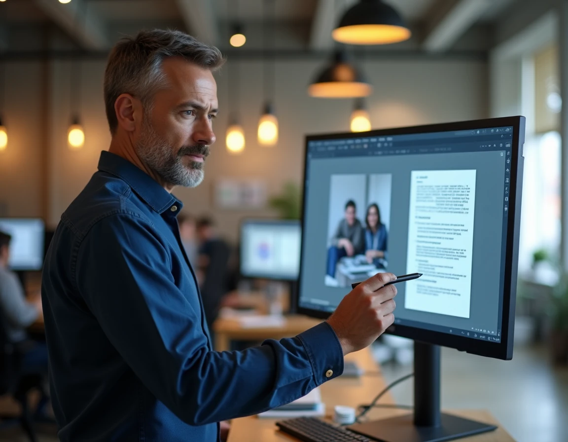 Homme utilisant un écran tactile pour insérer une image dans un document collaboratif en open space