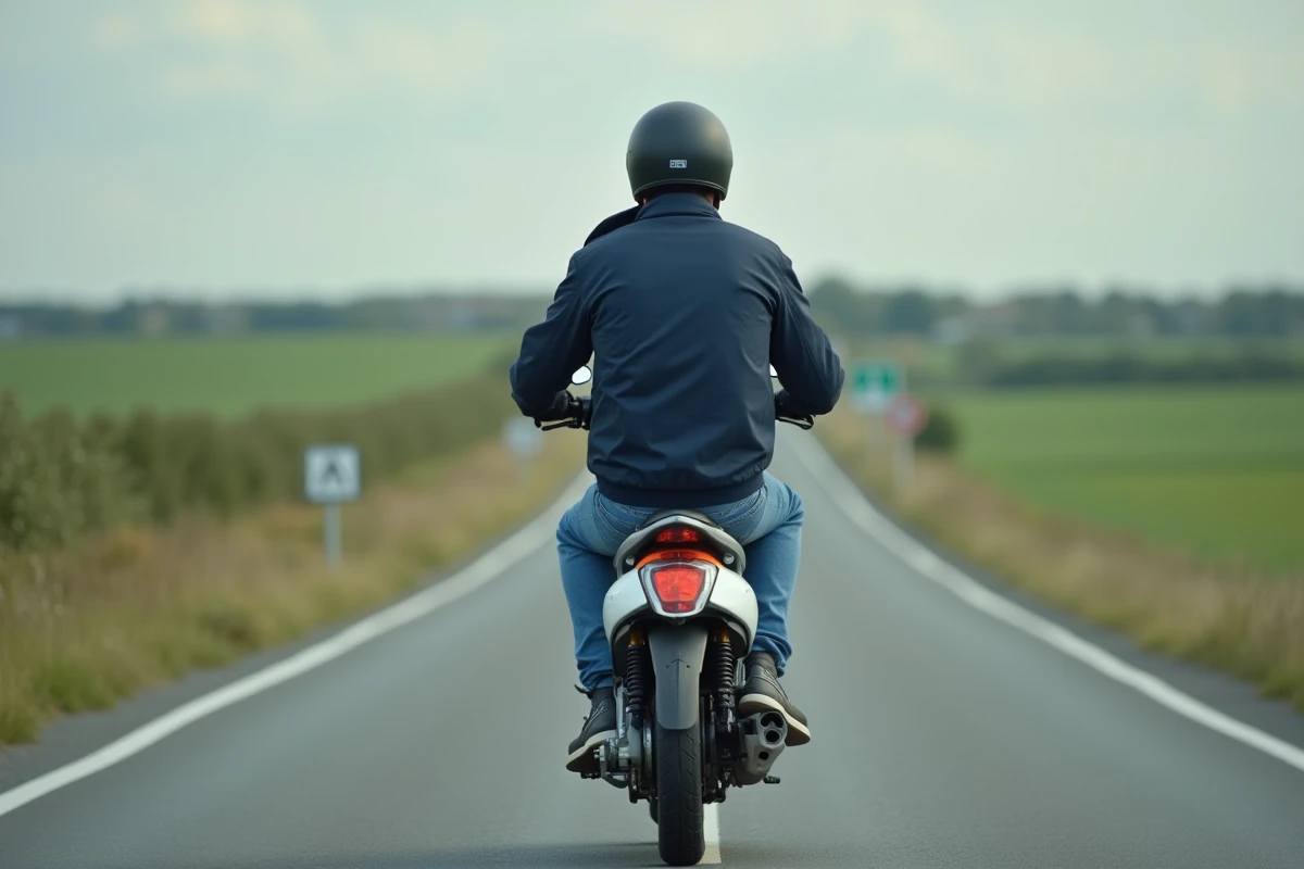 Homme en scooter sur route française en campagne