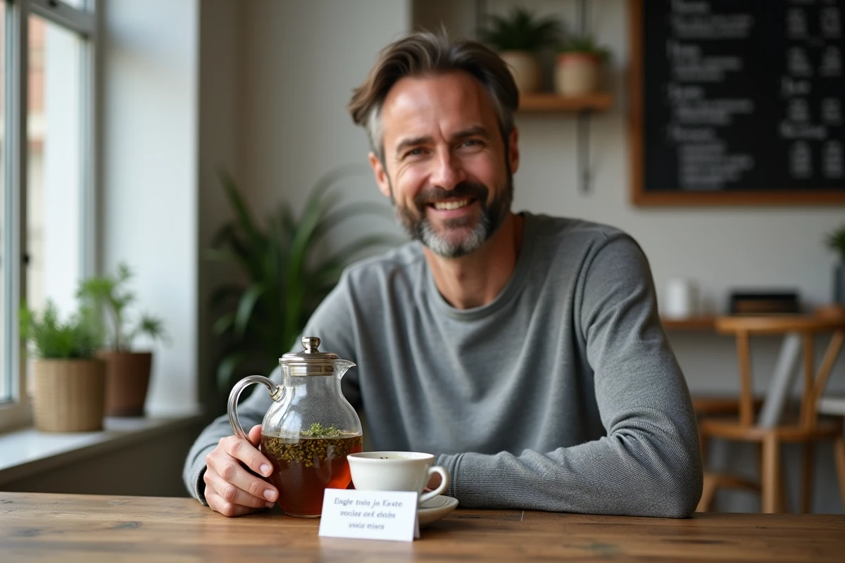 Homme tenant une théière en verre avec du thé bio infusé dans un café minimaliste au design scandinave